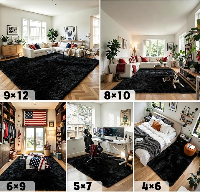 8x10 Area Rugs for Living Room Bedroom, Large Area Rug Shaggy Carpet Soft Plush Furry Bedside Rug, Rugs for Home Decor (Black, 8 x 10 Feet)
