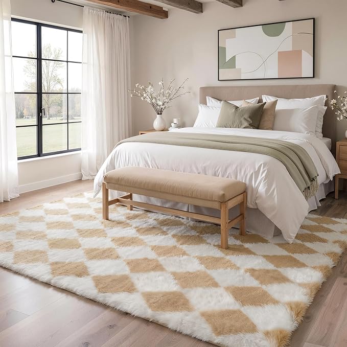 GENIMO Checkered Rug 8x10 Area Rugs for Kids Bedroom Soft Shag Rug Fluffy Fuzzy Carpet Plush Rugs for Living Room Nursery Playroom Dorm Modern Home Decor Aesthetic, Beige and White