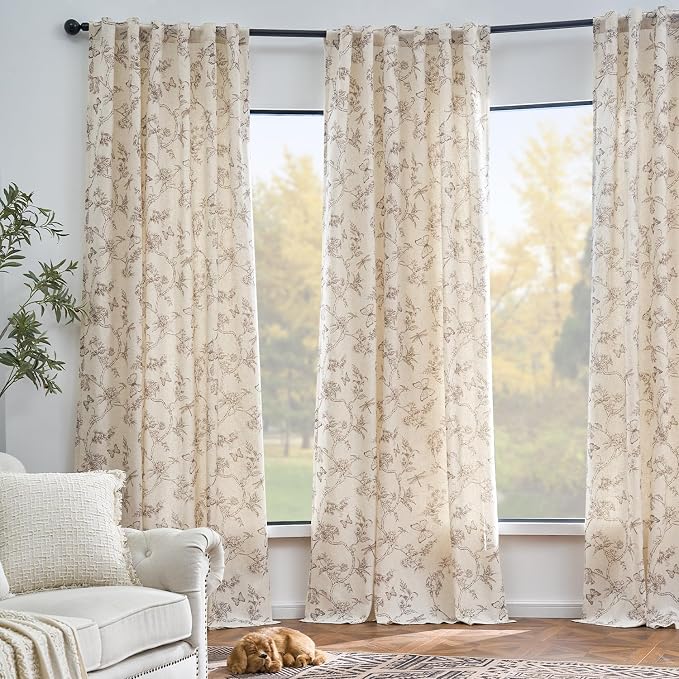 Lazzzy Charlotte Taupe Floral Curtains 84 Inch Length Linen Farmhouse Back Tab Drapes for Living Room Bedroom Light Filtering Vintage Rod Pocket, 2 Panels, Taupe on Beige