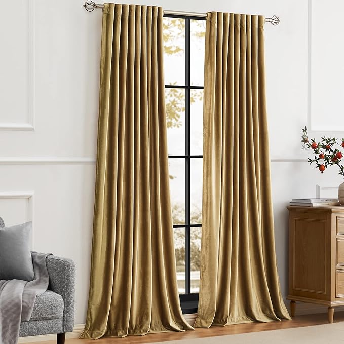 Gold Velvet Curtains 120 inch Long for Living Room,Luxury 2 Panels Room Darkening Rod Pocket Back Tab Curtain Elegant Thermal Insulated Heavy Soft Soundproof Decorative Window Drapes for Bedroom