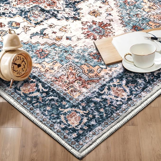 SERISSA Boho Washable Runner Rug, 2x5 Rug Non-Slip Vintage Blue Orange Hallway Kitchen Runner Rug Ultra Soft Print Distressed Tribal Floor Carpet for Bedroom Bathroom Laundry Room