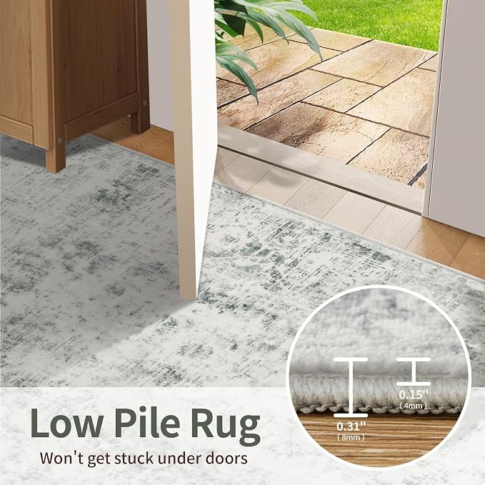 Rugxara 4x6 Area Rug for Living Room Bedroom Washable Rug, Grey | Non Slip, Throw Rug for Entryway Dining Room Office Kids Room, Stain Resistant, Soft, Low Pile, Vintage Boho Retro Carpet