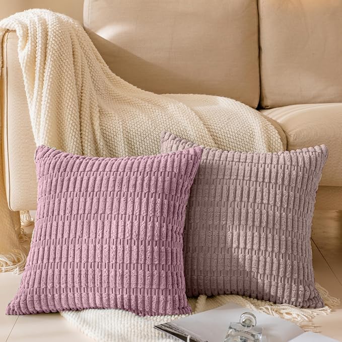 Softalker Throw Pillow Covers 16x16 Inch, Set of 4, Corduroy Soft Striped Farmhouse Boho Pillow Cover, Modern Decorative Cushion Pillow Case for Couch Sofa Bedroom Living Room, Light Pink