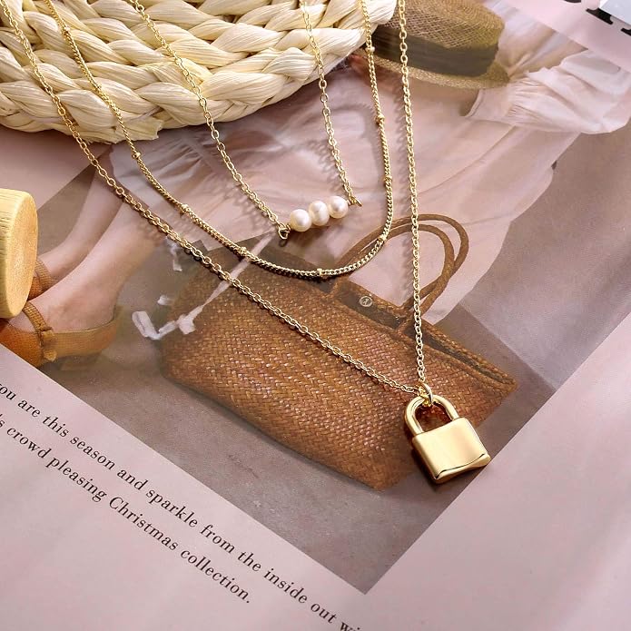 Turandoss Dainty Layered Choker Necklace, Handmade Y Pendant Necklace Multilayer Bar Disc Necklace Adjustable Layering Choker Necklaces for Women