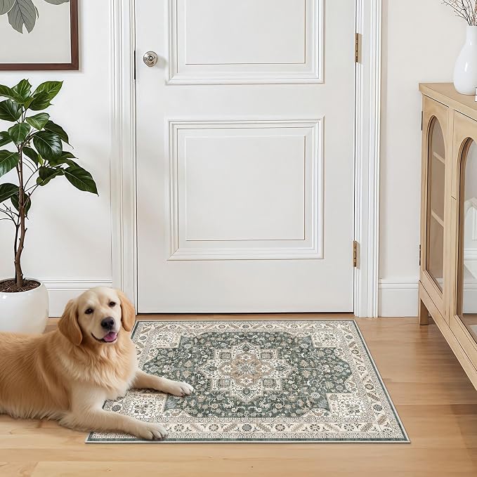 Vintage Entryway Area Rug 2x3 - Large Soft Washable Oriental Traditional Distressed Farmhouse Rugs for Bedroom - Indoor Floor Accent Carpet for Home Office House Decor - Vintage Green