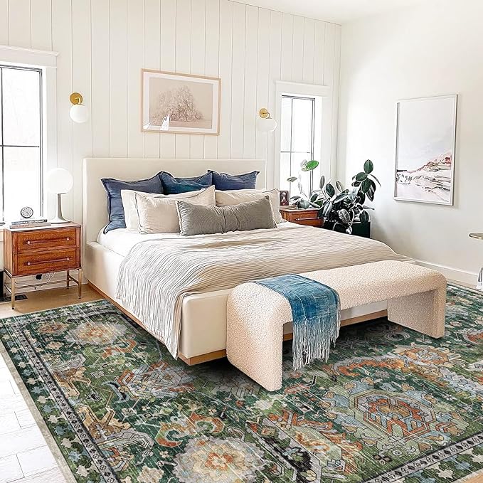 RUGSURE Washable Area Rugs - Perfect for Living Room, Bedroom, Kids Room, Nursery - Stain & Water Resistant Non-Slip, Pet & Child Friendly, Vintage Tribal Area Rugs (Green, 6' x 9')