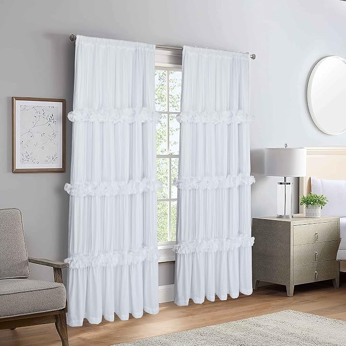 Homechoice Decor Thermal Insulated Window Curtains, 54"W x 84"L x 2 Panels | White Boho Ruched Blackout Window Treatments with 3 Rows of Butterfly Flowers, Rustic Rod Pocket Drapes for Room (LQ-30)