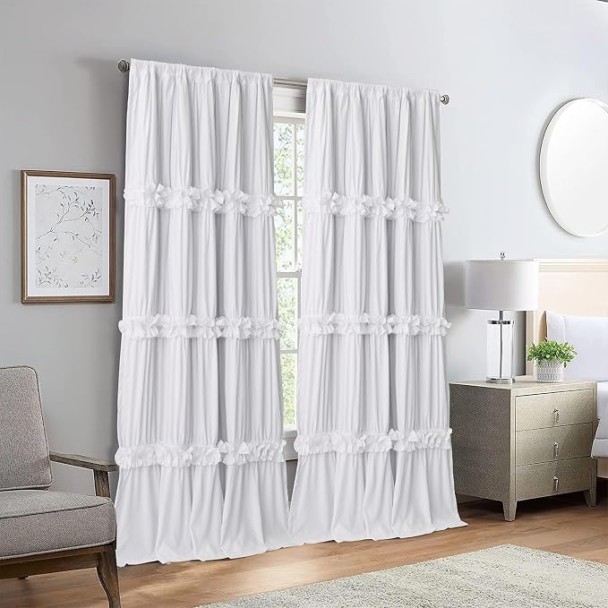 Homechoice Decor White Blackout Window Curtains, 52" W x 96" L x 2 Panels | Boho Ruched Thermal Insulated Window Treatments with 3 Rows of Butterfly Flowers, Rustic Rod Pocket Drapes for Room (LQ-30)