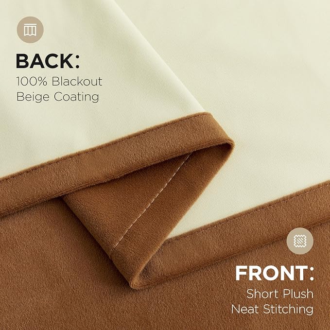 Joydeco 100% Blackout Velvet Curtains Golden Brown 72 Inch Back Tab | Luxury Thermal Insulated Velvet Curtains for Bedroom Living Room, Soundproof Blackout Window Drapes