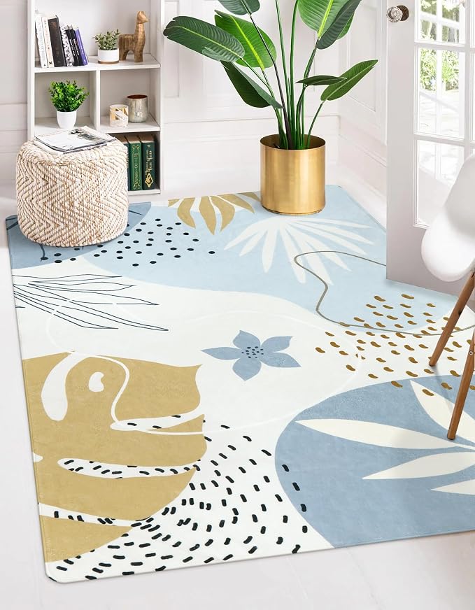 Lahome Boho Washable Blue Rug - 3x5 Small Non-Slip Low-Profile Carpets for Living Room, Bedroom, Entryway, Laundry Room, Kitchen, Office