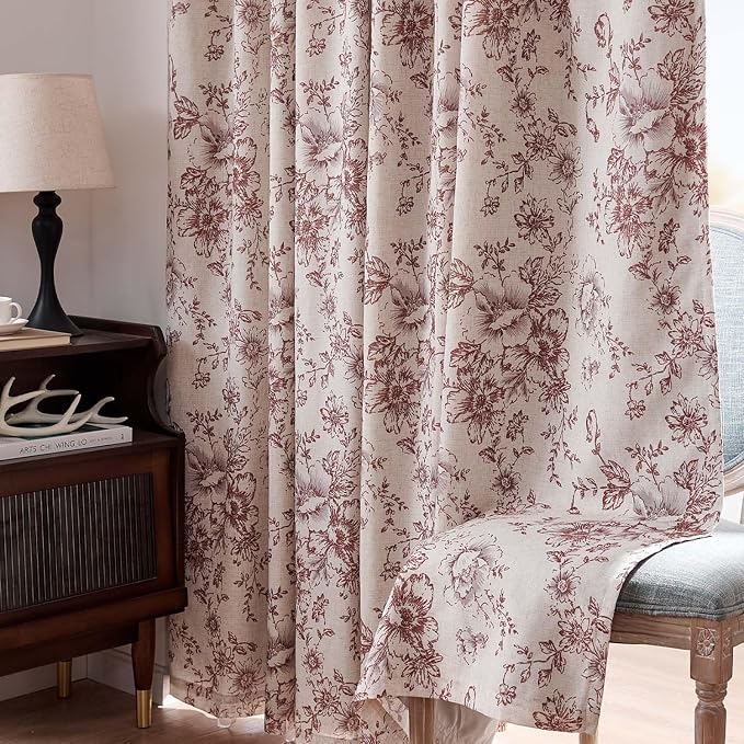 jinchan Red Floral Linen Blackout Curtains Lined 90 Inch Back Tab 2 Panels | Blackout lining, room darkening drapes, farmhouse, vintage, cottagecore, rustic, bedroom, living room, window treatment