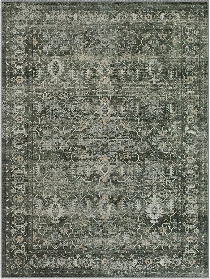 Lahome Margot Boho Green Area Rugs 9x12 Living Room,Washable Large Rugs for Bedroom Aesthetic,Vintage Distressed Non Slip Low Pile Dining Room Rug Carpet for Home Office Playroom(9'x12',Green)