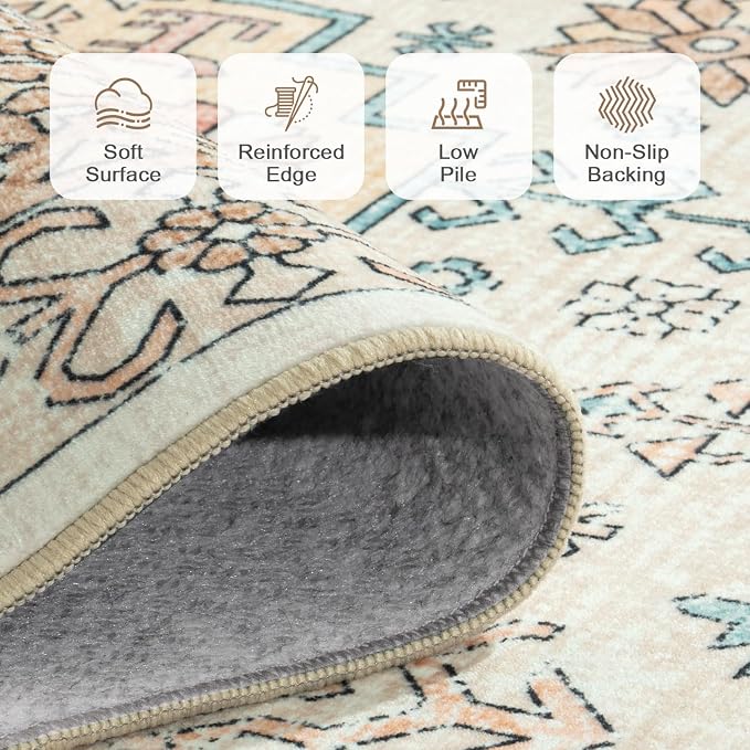 Lofus Vintage Living Room Rugs 5x7, Soft Machine Washable Area Rug for Bedroom Indoor Floor Home Office House Decor, Oriental Traditional Distressed Farmhouse Carpet, Boho Beige and Orange