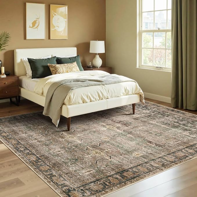 Rugxara Brown Area Rugs 5x7 Washable Rug for Living Room Bedroom | Non Slip, Rug for Dining Room Office Farmhouse Dorm, Stain Resistant, Soft, Vintage Boho Retro Carpet, Low Pile, Home Decor