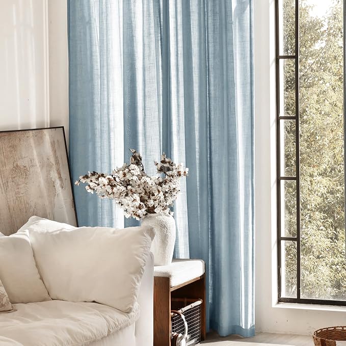 Dusty Blue Linen Curtains for Living Room Back Tab Light Filtering Semi Sheer Light Blue Bedroom Curtains Linen Cotton Textured Grey Blue Drapery Panel Airy Modern Farmhouse Aesthetic Decor 52x90 Long