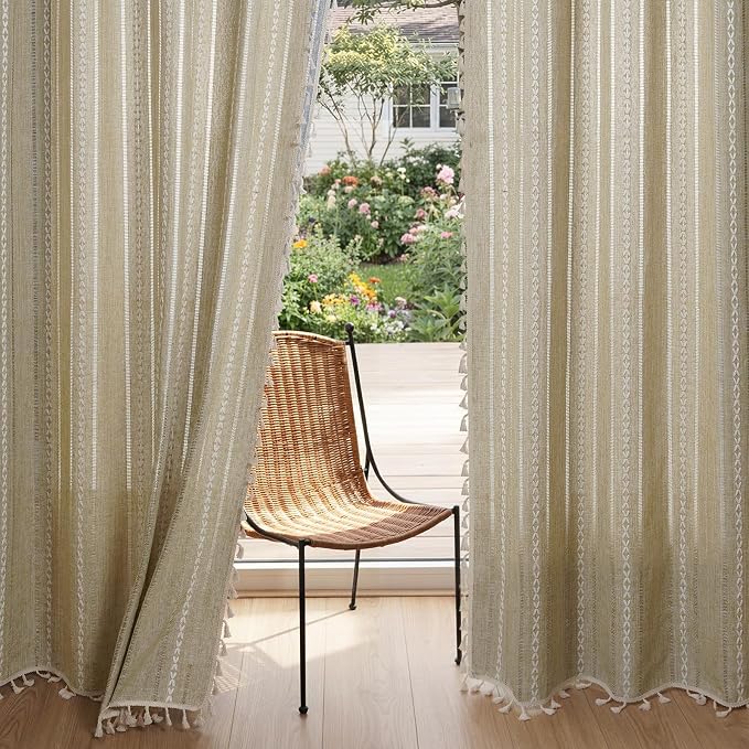 ColorBird Boho Curtains Linen-Textured for Living Room Bedroom Light Filtering 84 Inches Natural Brown Farmhouse Curtains & Drapes Embroidered Striped for Dining Closet Dooraway Window Treatment