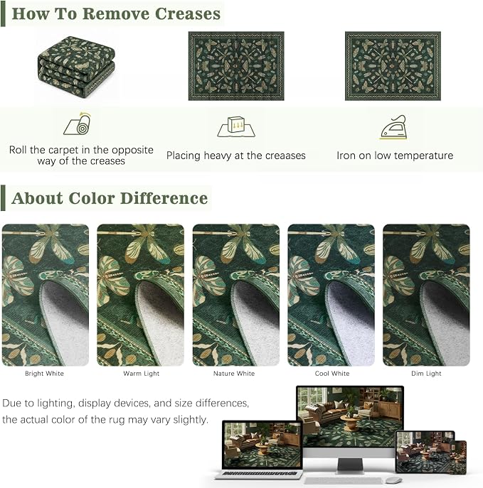 DCX 4x6 Washable Insect Rug, Vintage Gothic Dark Green Rug with Non-Slip Rubber Backing, Soft Low-Pile, Stain-Resistant, Kid & Pet Friendly, for Living Room, Bedroom, Office, and Nature-Themed Decor