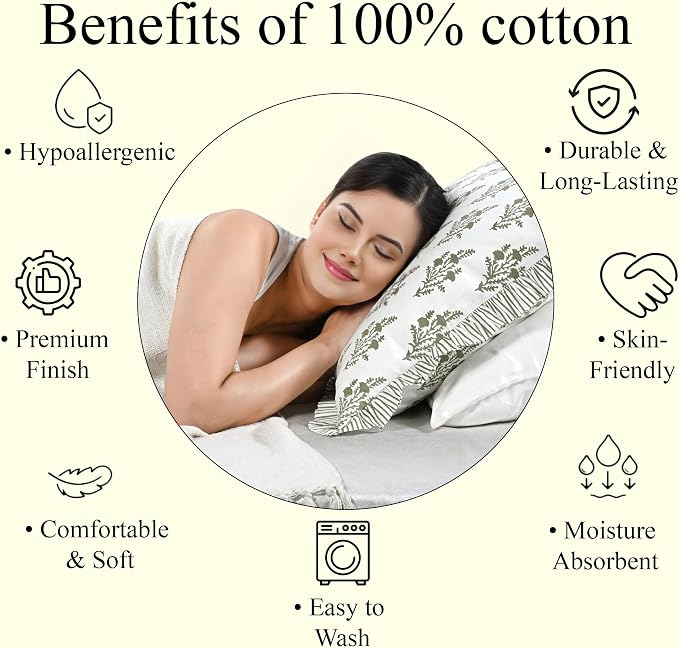 Ridhi Natural Spring Block Print Ruffle Throw Pillow Cover 20" x 20" (Pack of 2) Decorative Cushion Covers with Ruffle for Couch, Sofa, Bed, Living Room, Home Decor Gift for Spring, Mother's Day