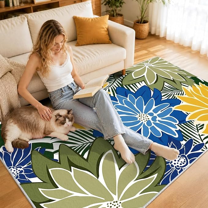 ZonLi Colorful Outdoor Rug 5x8Ft Waterproof Multicolored Indoor Area Rug Washable Outdoor Patio Rugs Tropical Floral Non Slip Outdoor Carpet for Living Room, Pool,Backyard,Deck,Camping