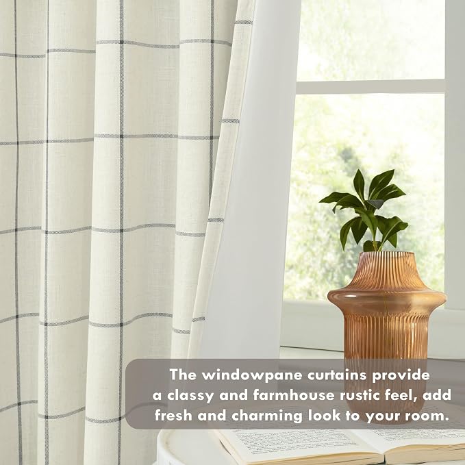 DriftAway 100% Blackout Plaid Linen Curtains 63 Inches Long 2 Panels Black | 100% Blackout, Linen Texture, Plaid Pattern, Two Layers, Rod Pocket & Back Tab, Bedroom Living Room Use, Luxury Appearance