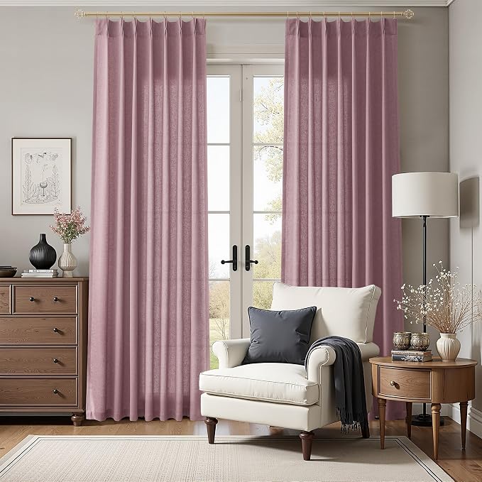 Aersas Ash Rose Pinch Pleated Linen Curtains 84 Inch Length 2 Panels for Living Room Bedroom Semi Sheer Window Curtain Boho Neutral Back Tab Pinch Pleat Drape with Hooks 40x84