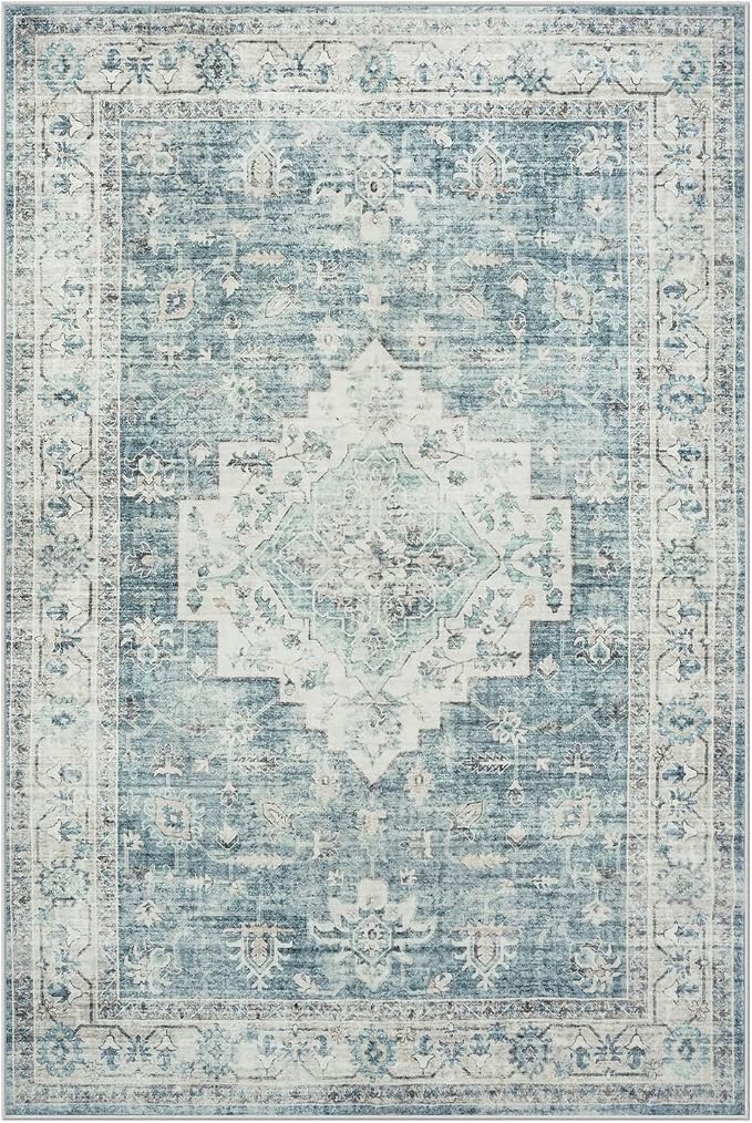 LIVEBOX Washable Area Rug 6x9 Rugs for Living Room Dining Room Under Table, Non-Slip Boho Indoor Carpet for Bedroom, Low-Pile Farmhouse Soft Carpets for Nursery Room Playroom, Blue