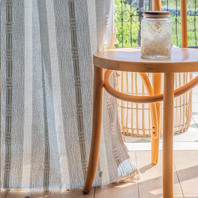 ColorBird Boho Blue Curtains Linen-Textured 84 Inches for Living Room Bedroom Light Filtering Farmhouse Curtains & Drapes Embroidered Striped Window Treatment for Nursery Closet Dining Room