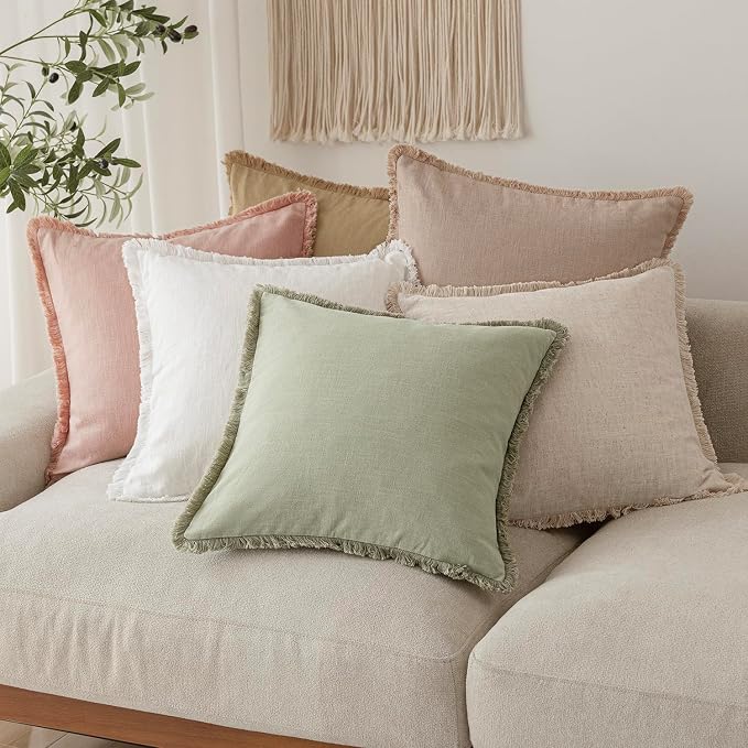 Foindtower Set of 2 Decorative Linen Fringe Throw Pillow Covers Boho Farmhouse Cushion Cover with Tassels Soft Accent Pillowcase for Couch Sofa Bed Living Room Home Decor,22×22 Inch,Light Sage Green