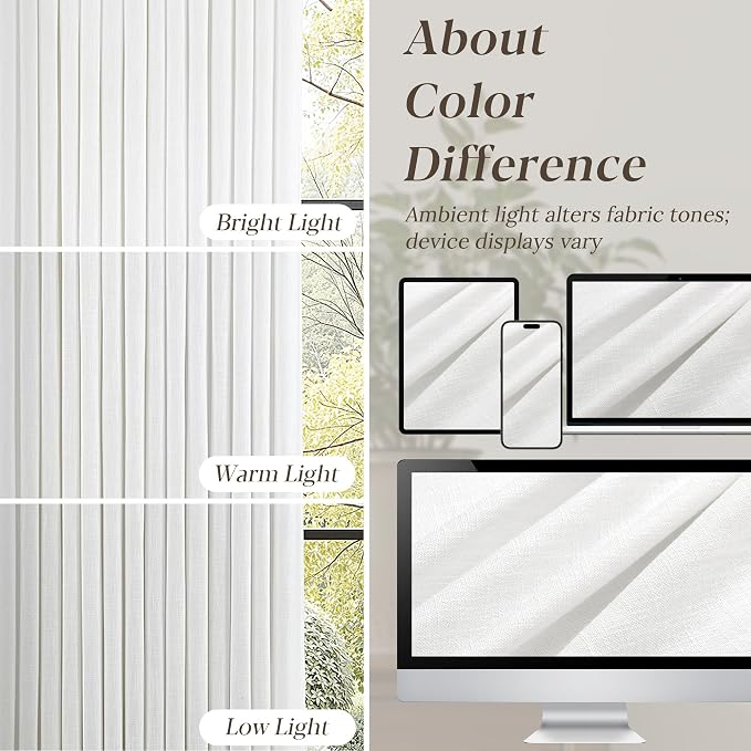 108 Inch Long White Pinch Pleated Linen Curtains 2 Panels Set for Living Room Bedroom Pinch Pleat Curtains Ivory Cream Semi Sheer Light Filtering Privacy Curtain 108 Inch Length for Sliding Door