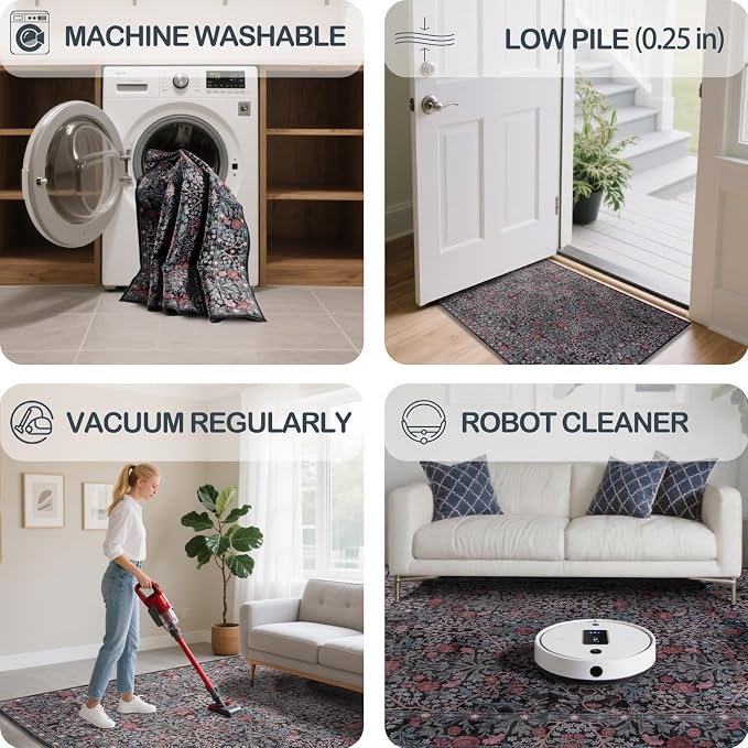 Washable 2'6" x 8' Runners for Hallways, Non Slip Long Floor Runner for Kitchen, Entryway Indoor, Stain Resistant Rubber Backing Floral Décor Rug (Dark Green)