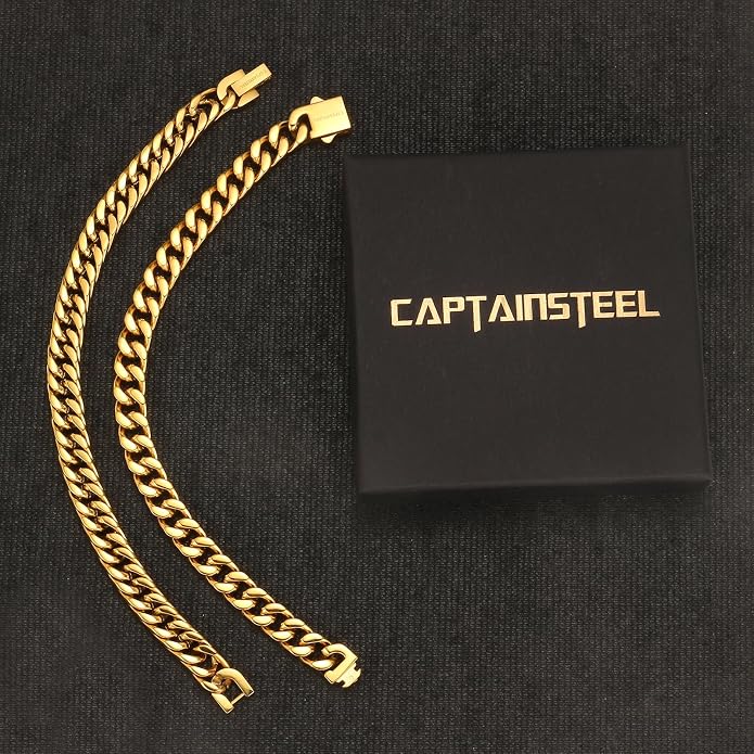 CaptainSteeL 2Pcs Cuban Link Chain Bracelet Set - Stainless Steel Bracelet, Gold Plating, Fashion Jewelry for Men, Women, Boyfriend, Lover, 7.5/8.3/9 Inches