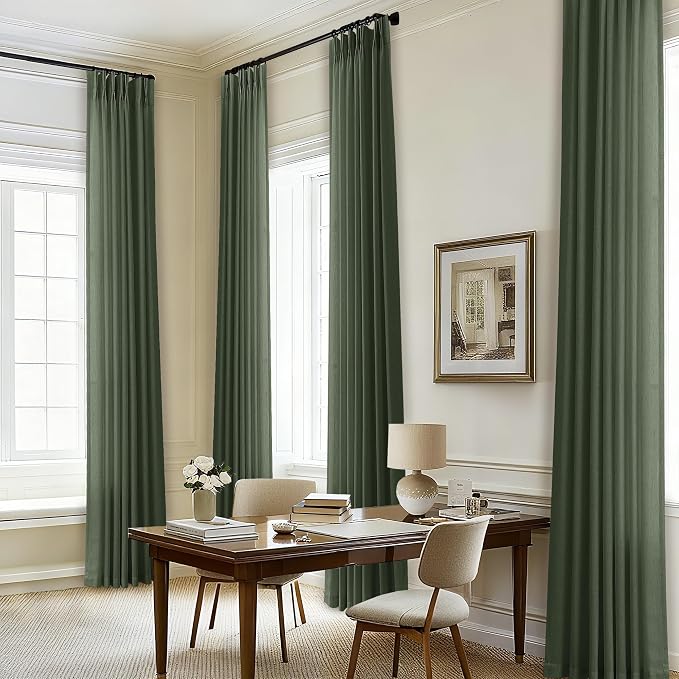 Olive Green Pinch Pleat Linen Curtains 84 Inches Long Semi Sheer | Light Filtering, Pleated Window Curtain, Hooks Rings, Back Tab, for Living Room Bedroom, 84 Inch Length, Spring Decor 1 Panel