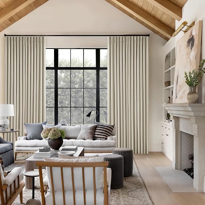 Burlywood Birch 100% Blackout Pinch Pleated Linen Curtains 92 Inches Long | Insulated Thermal Heat Reducing, Memory Shape, for Bedroom Living Room, Taupe Pleated Curtains with Hooks Rings, 2 Panels