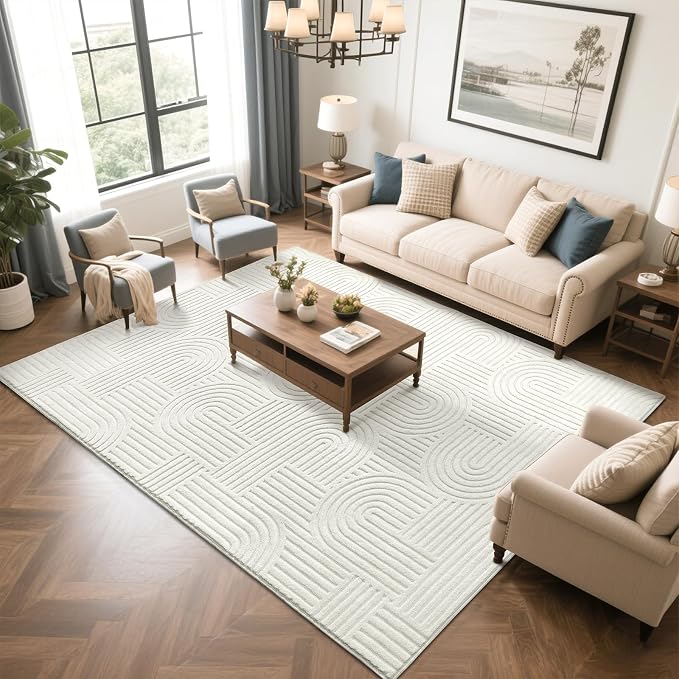 SHACOS Soft Cozy Fluffy Arch Pattern High Low Pile Rugs 5'x7' Non Slip Washable Scandinavian Minimalist Rug Modern Geometric Arc Carpet for Living Room Bedroom Dining Room, Cream White