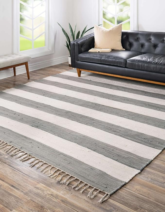 Unique Loom Chindi Rag Collection Area Rug - Striped (10' Square, Gray/ Ivory)