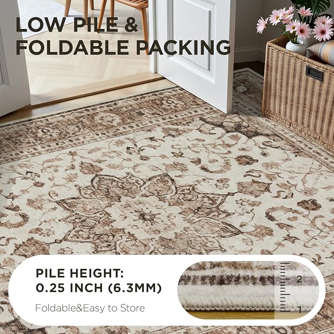 Joydeco Washable 2x6 Hallway Runner Vintage, Beige & Blue & Reddish-Brown | Water Resistant Low Pile Non Slip Backing for Kitchen Entryway Bedroom Bathroom Dining Room