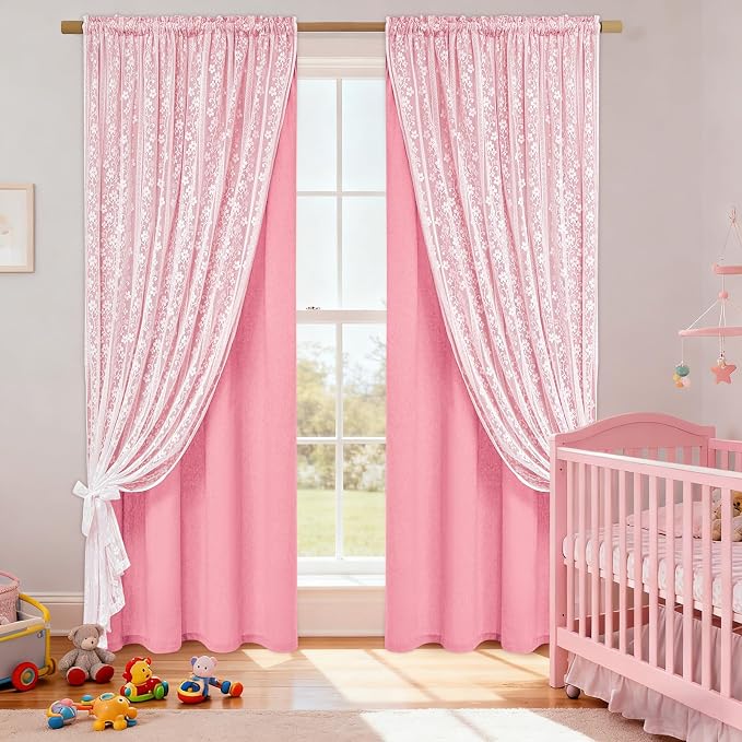 ASPMIZ Pink Curtains for Living Room Double Layer Curtains with Linen Lace, Linen Curtain for Girls Bedroom Farmhouse Window Curtain 84 inch Length 2 Panels, Rod Pocket Drapes with 2 Tiebacks, 52x84