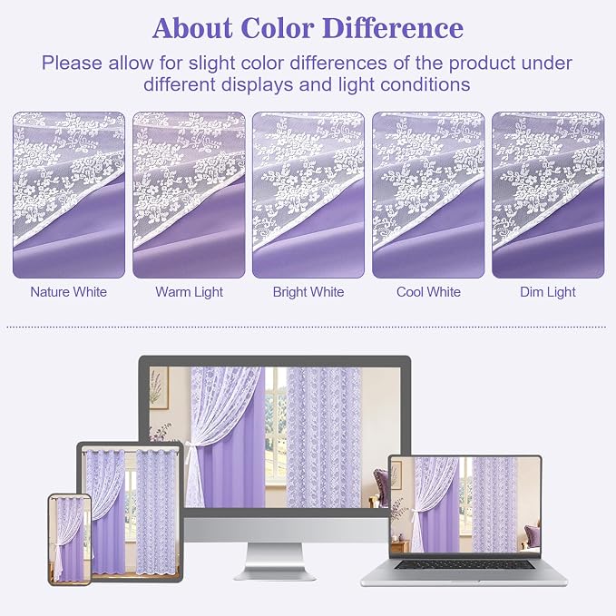 Yinhua Purple Blackout Curtains for Bedroom Double Layer Nursery Curtains for Living Room 63 Inch Length 2 Panels Set Kid Curtain with Floral Sheer Overlay, Grommet Drapes with Tiebacks, 52" W x 63" L