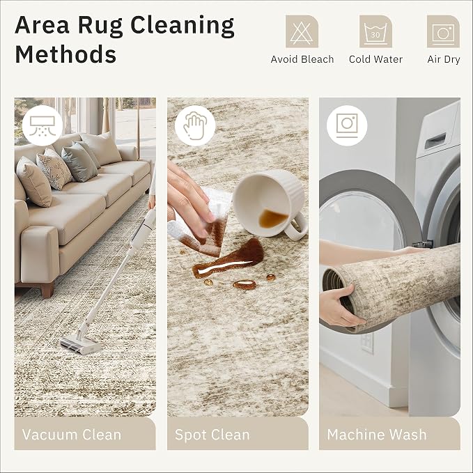 Soalmost 8ft Round Rug Brown/Ivory, Living Room Circle Rug Vintage Round Area Rug Non Slip Indoor Carpet for Apartment