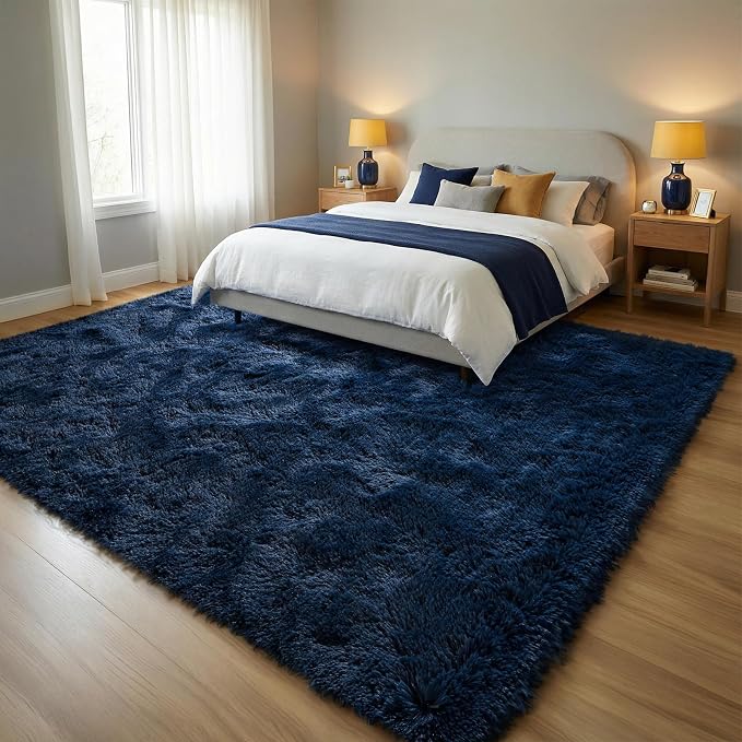 Fluffy Rugs for Living Room: Navy Blue Soft Shag Rug for Bedroom, Large Fuzzy Plush Indoor Carpet Non Slip Modern Rug for Nursery Kids Room Dorms Office Home Decor, 9x11 Feet