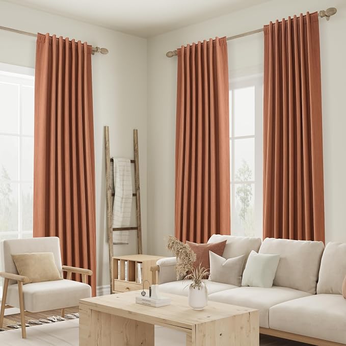 Guken Terracotta 100% Blackout Linen Curtains 102 Inch Length 2 Panels Set Fall Curtains for Living Room Bedroom Back Tab Thermal Insulated Black Out Linen Drapes,52x102