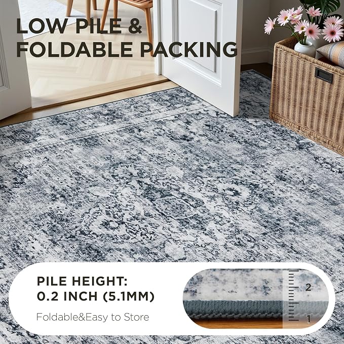 Joydeco 6x9 Area Rugs for Living Room Vintage, Light Grey | Non Slip Machine Washable Low Pile for Bedroom Dining Room Home Office Pet & Child Friendly