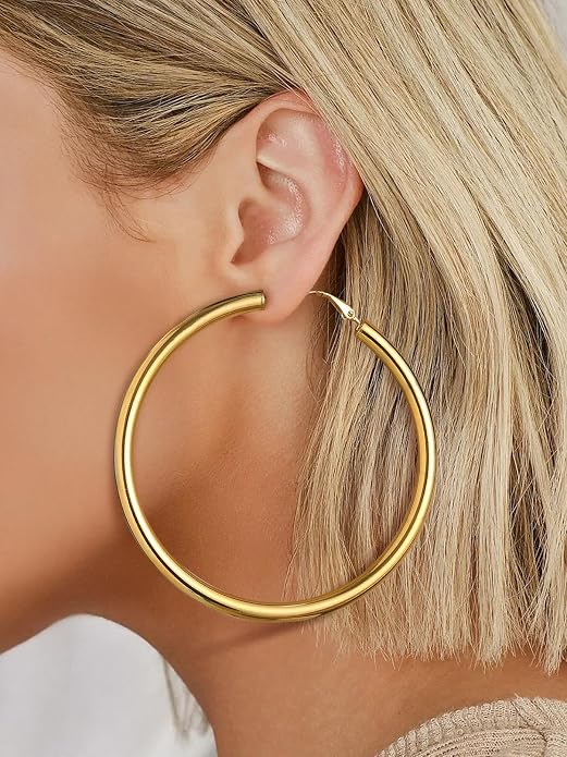 FaithHeart Chunky Hoop Earrings for Women, Silver/Black/14K Gold Plated Stainless Steel Earrings 5mm Thick Hollow Tube Hoops Hypoallergenic Lightweight Earring 20/30/40/50/60/70/80mm
