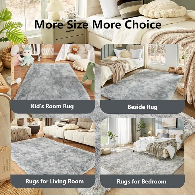 Floralux 9x12 Living Room Rug, Tie-Dyed Light Grey, Large Shag Bedroom Rugs, Soft Fluffy Shaggy Carpets