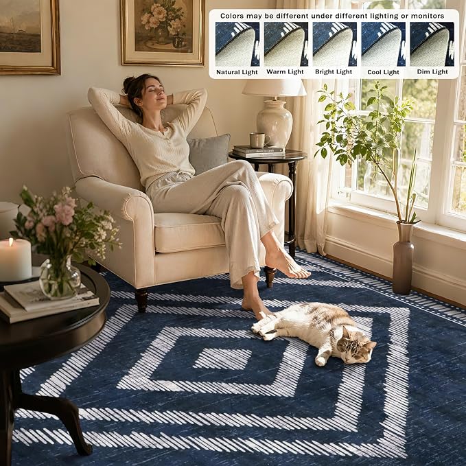 Boho Washable Rugs 6x9ft for Living Room, Navy Blue Low Pile Bedroom Area Rugs Non Slip, Moroccan Soft Kids Nusery Area Floor Carpets for Dining Room Playroom Kitchen Home Office Decor