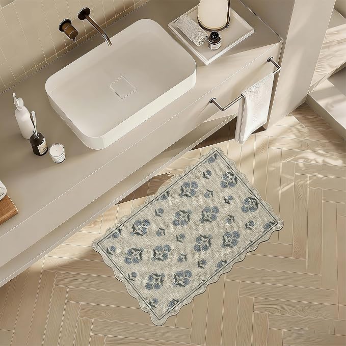 ORTIGIA Scalloped Easy Jute 2x3 Area Rug Vintage Blue Block Floral Farmhouse Washable Rug Non-Slip Indoor Outdoor Carpet for Living Room Bedroom Kitchen Patio Entryway