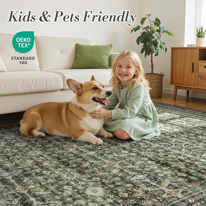 5x7 Washable Rugs, Area Rugs for Living Room, Bedroom, Kitchen, Vintage Boho Carpets, Soft Non-Slip Low Pile Large Area Rug for Dining Room Home Office Indoor Nursery, Olive Green