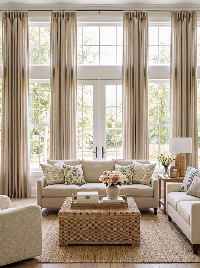THREE GIRLS Pinch Pleated Linen Curtains 84 Inch Length 2 Panels, Light Filtering Linen Blend Drapes 40" W x 84" L, Burlywood Birch Neutral Curtains for Living Room Bedroom with Hooks