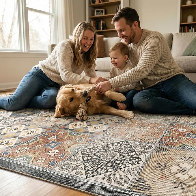 Washable Entryway Rug 3'x5 Non-Slip Backing Vintage Indoor Rug Low Pile Lighrweight Carpet for High-Traffic Indoor Entrance & Kitchen Farmhouse Decor
