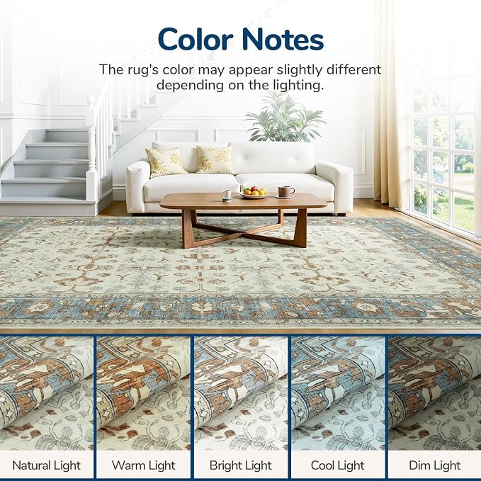 Lessymo Washable Area Rug for Living Room,9x12 Large Rugs with Non-Slip Backing,Soft Boho Carpets for Bedroom Dining Room Nursery Home Office,Light Brow